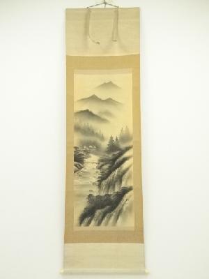 幽汀筆　水墨山水　肉筆絹本掛軸